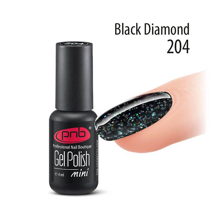 Гель-лак PNB Mini №204 Black Diamond чорний з голографічними блискітками 4 мл