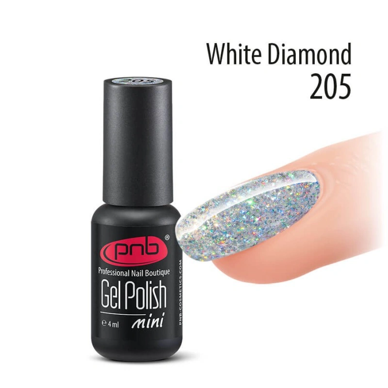Гель-лак PNB Mini №205 White Diamond сріблястий з голографічними блискітками 4 мл