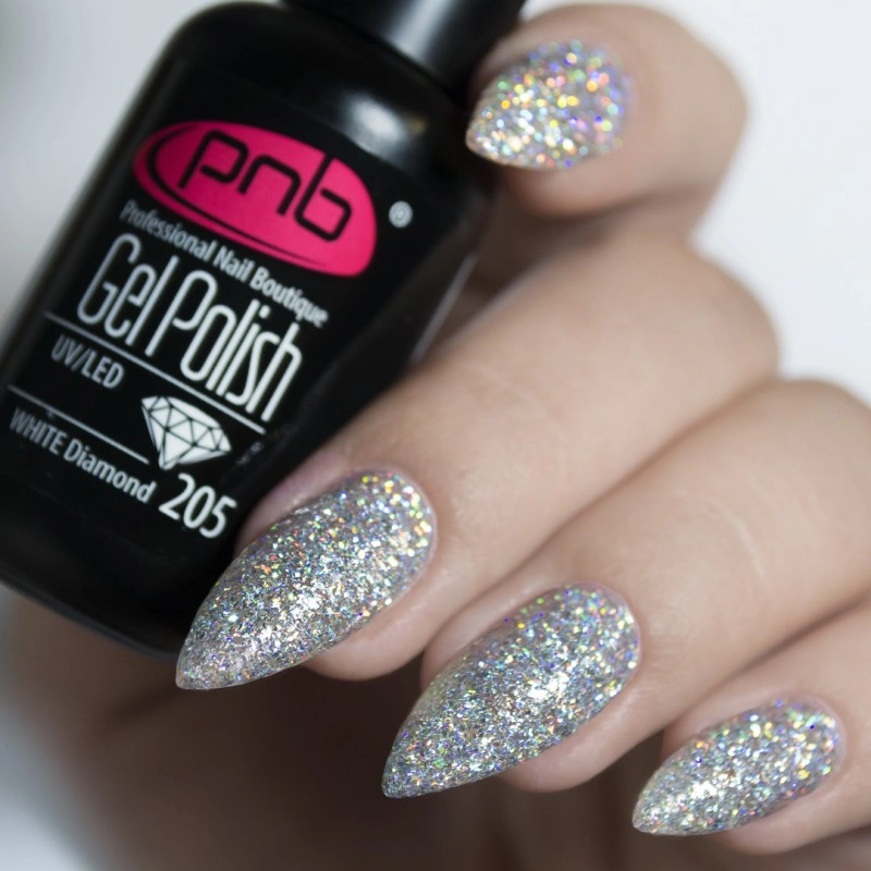 Гель-лак PNB Mini №205 White Diamond сріблястий з голографічними блискітками 4 мл