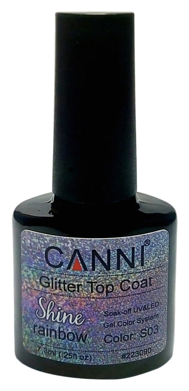 Глітерний топ із липким шаром Canni Glitter Top Сoat Rainbow Shine №S03 з райдужними блискітками 7,3 мл