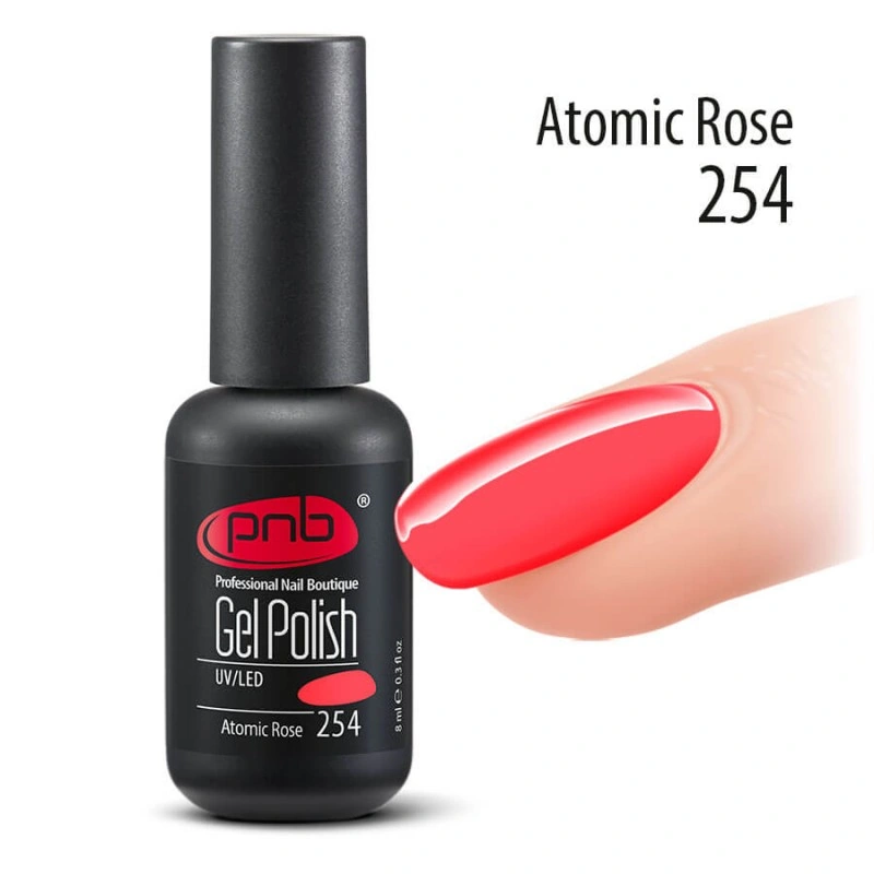 Гель-лак PNB №254 Atomic Rose неоновий насичений кораловий, емаль 8 мл