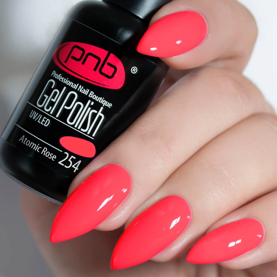 Гель-лак PNB Mini №254 Atomic Rose неоновий насичений кораловий, емаль 4 мл