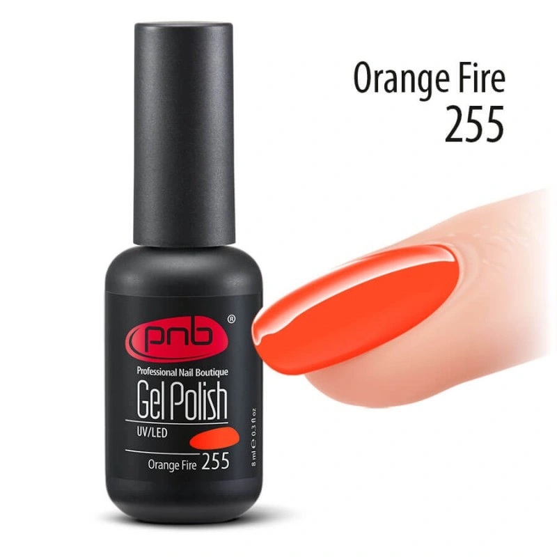 Гель-лак PNB №255 Orange Fire неоновий червоно-жовтогарячий, емаль 8 мл