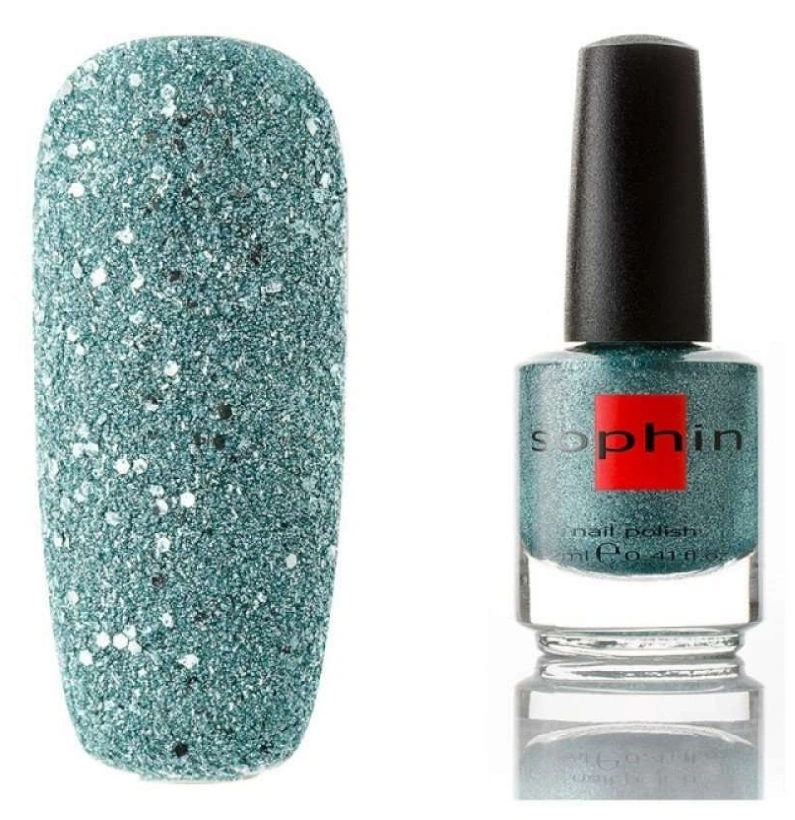 Текстурний лак Sophin Nail Lacquer №300 м`ятно-зелений зі сріблястим гліттером 12 мл