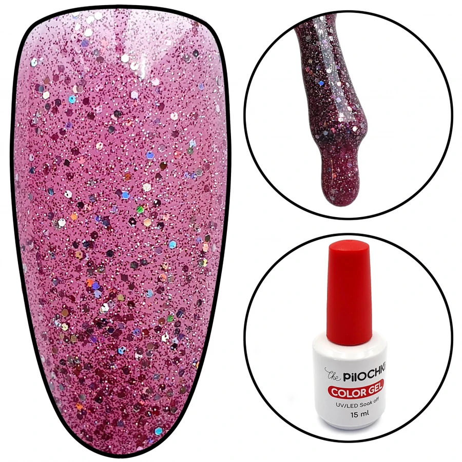 Гель-лак ThePilochki Gel Polish №1078 рожевий з блискітками та різнокольоровими шестикутниками 15 мл