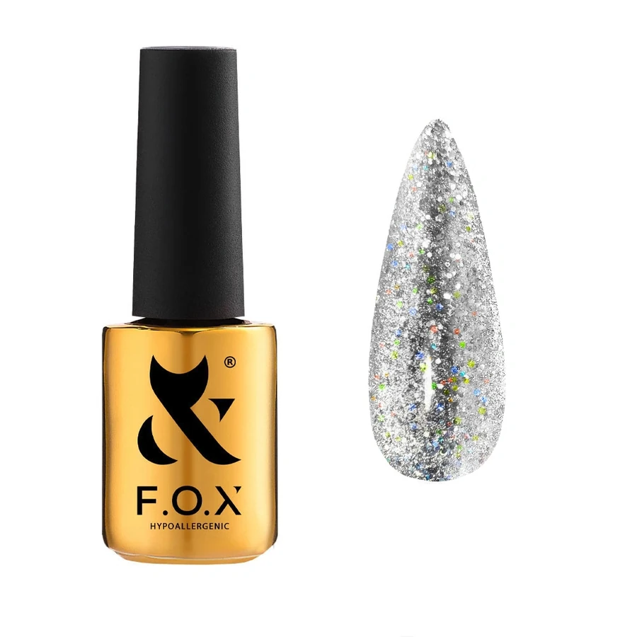 Гель-лак FOX Sphynx Cat Eye 003 сріблястий з голографічними блискітками та шестикутниками 7 мл