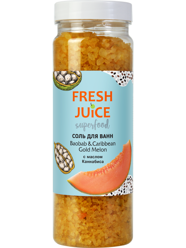 Сіль для ванн Fresh Juice Сіль для ванн Superfood Baobab & Caribbean Gold Melon з олією Канабіс 700 г