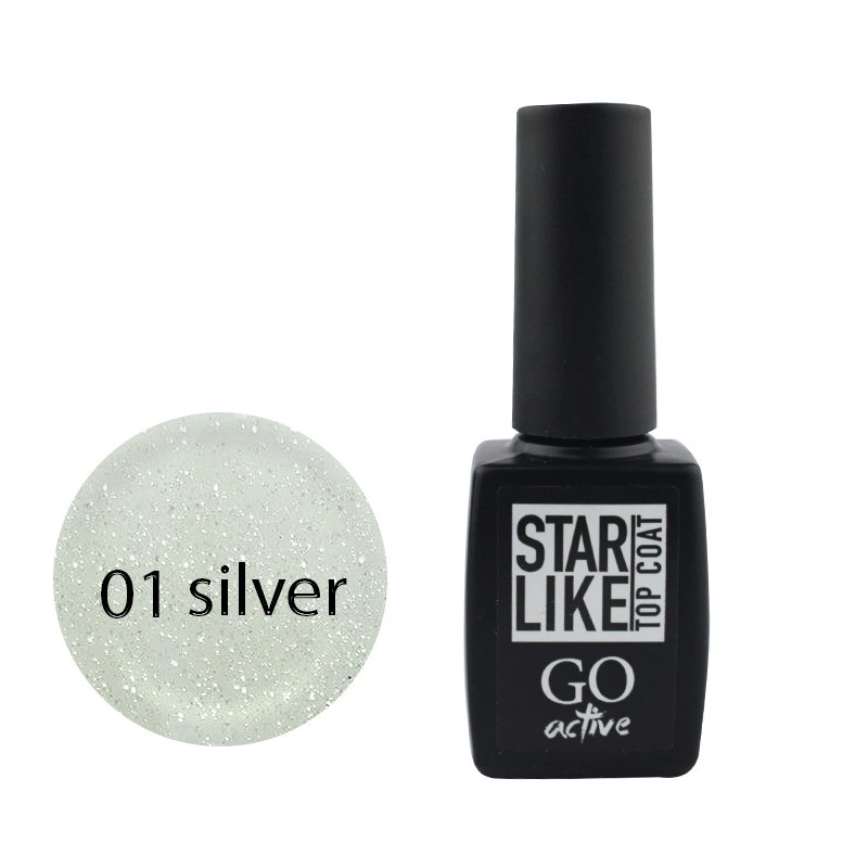 Верхнє покриття зі сріблястим шиммером GO Active Starlike Top Coat Silver 01 без липкого шару 10 мл