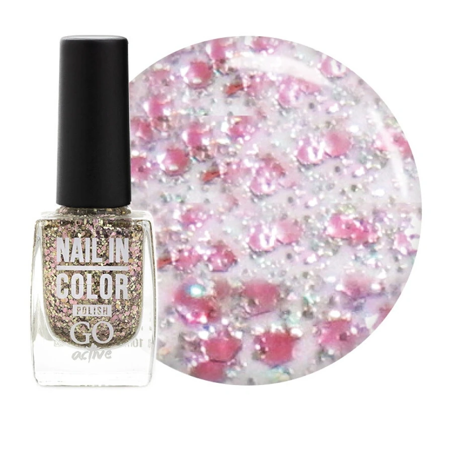 Лак для нігтів GO Active Nail in Color №26 прозорий, з рожево-сріблястими блискітками та конфетті 10 мл