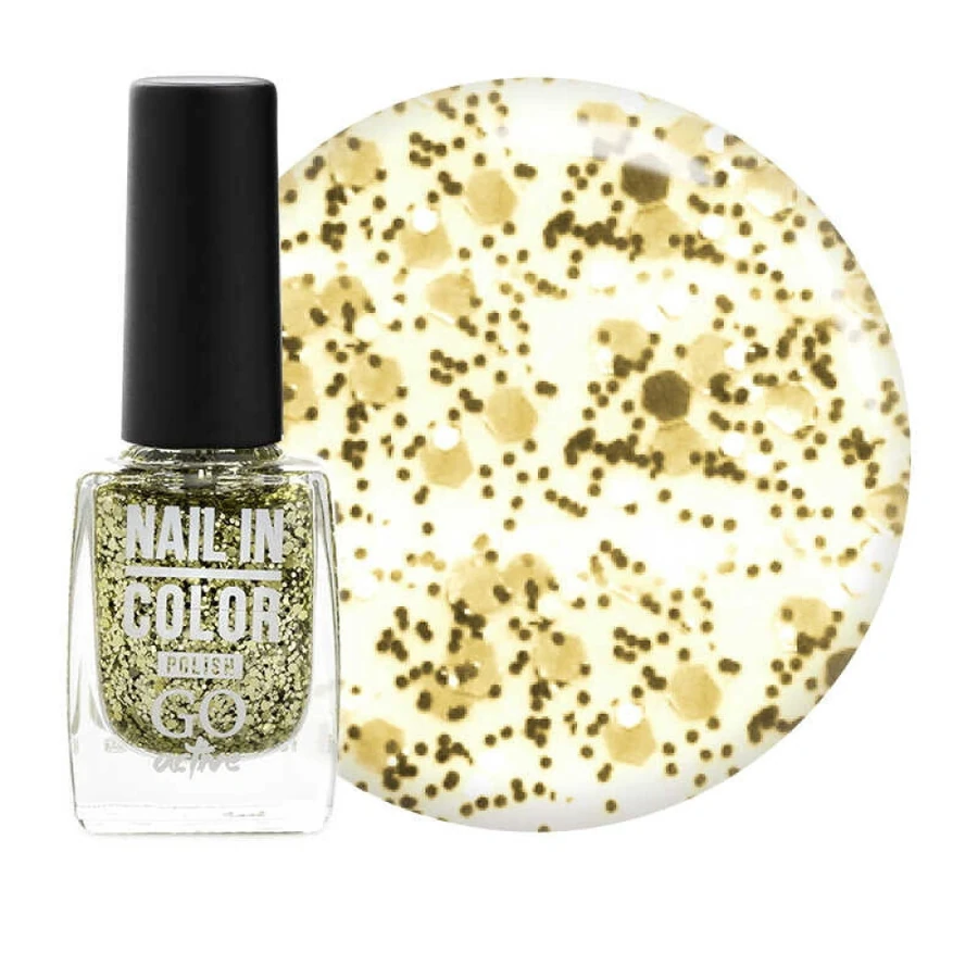 Лак для нігтів GO Active Nail in Color №27 прозорий, зі світло-золотистими блискітками та конфетті 10 мл