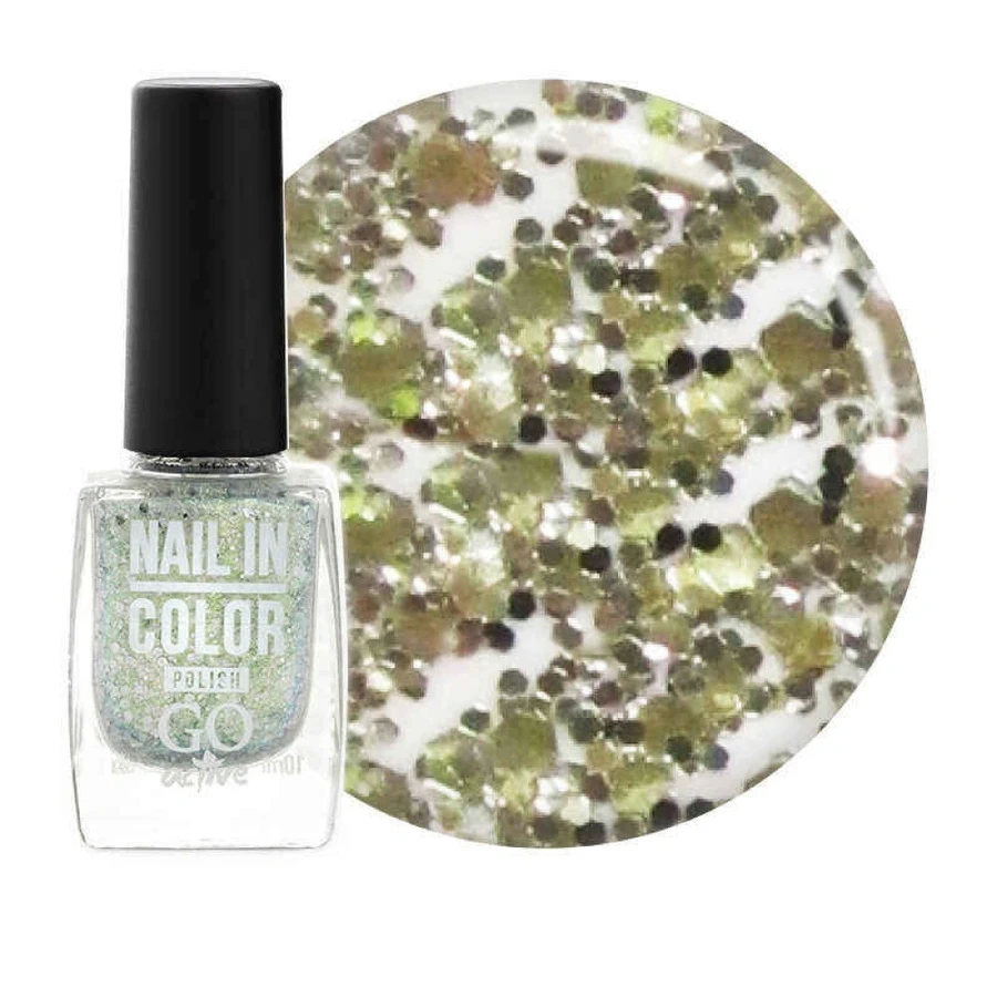 Лак для нігтів GO Active Nail in Color №28 напівпрозорий золотисто-салатовий, зі срібними блискітками та конфетті 10 мл