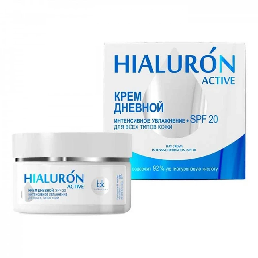 Денний крем для всіх типів шкіри Белкосмекс Hialuron Active Крем денний + SPF 20 інтенсивне зволоження 48 г