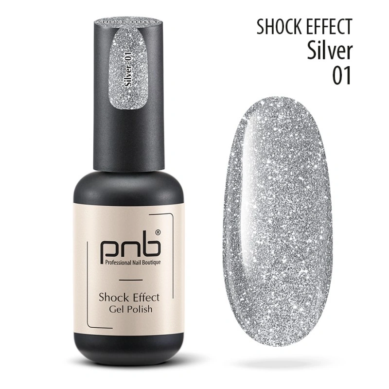 Гель-лак PNB Shock Effect 01 Silver срібло, насичений шиммер 8 мл