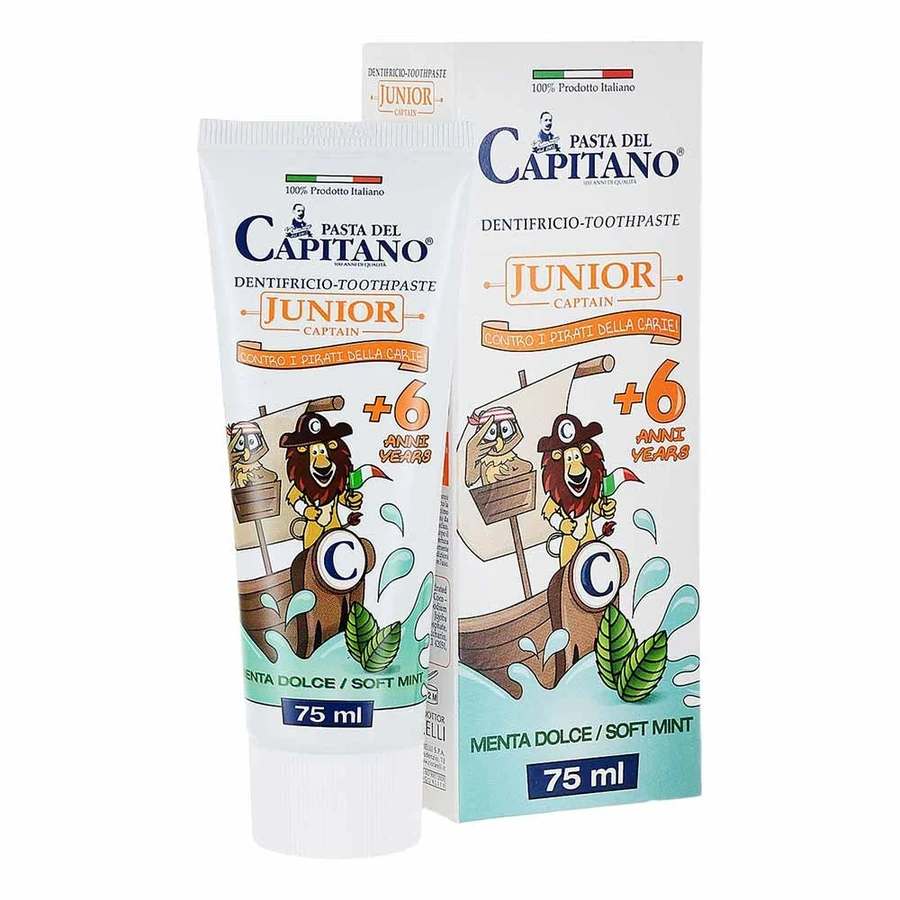 Зубна паста Pasta del Capitano Зубна паста для дітей Junior 6+ М`яка м`ята збагачена цинком, солями кальцію та фтору, бетаїном, екстрактом мальви