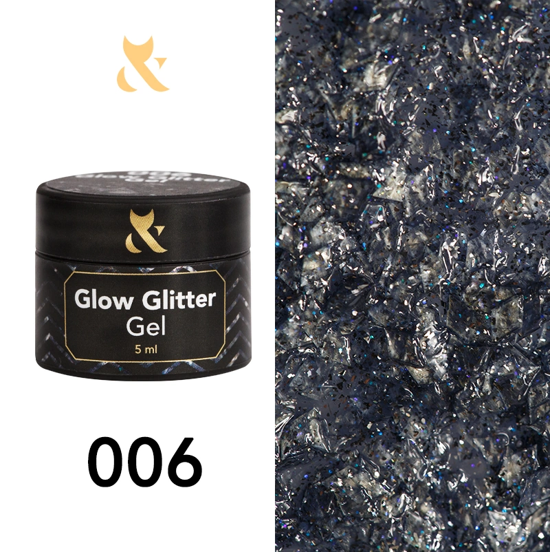 Глітерний гель для дизайну FOX Glow Glitter Gel 006 темно-графітова слюда, із сріблястими блискітками 5 мл