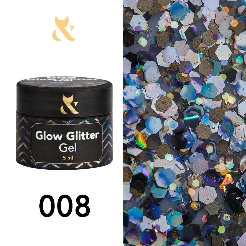 Глітерний гель для дизайну FOX Glow Glitter Gel 008 різнокольоровий , із сріблястими голографічними блискітками 5 мл