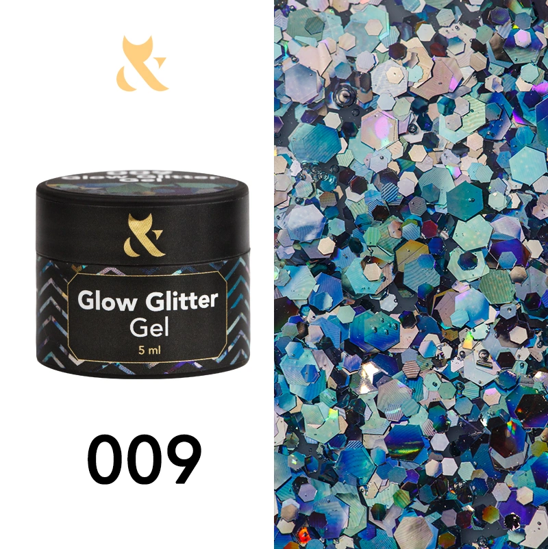 Глітерний гель для дизайну FOX Glow Glitter Gel 009 різнобарвний , з блакитними голографічними блискітками 5 мл