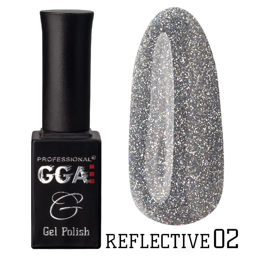 Гель-лак GGA Professional Reflective Gel Polish №02 срібло з блакитним відтінком, зі світловідбиваючими частинками 15 мл