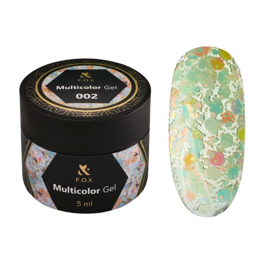 Гель-лак для дизайну FOX Multicolor Gel 002 з кольоровими блискітками, каміфубуки та шестигранниками 5 мл