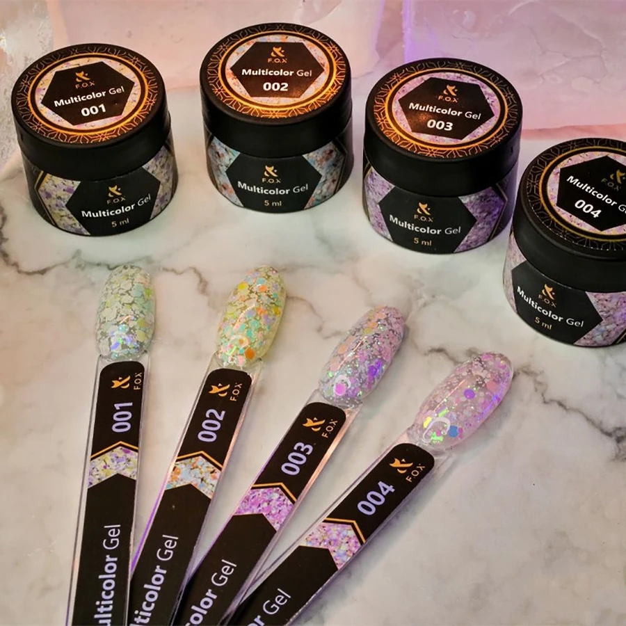 Гель-лак для дизайну FOX Multicolor Gel 002 з кольоровими блискітками, каміфубуки та шестигранниками 5 мл