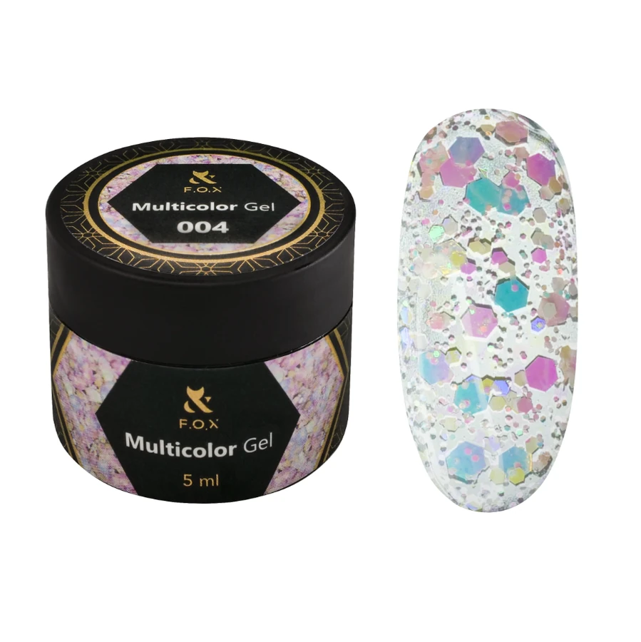 Гель-лак для дизайну FOX Multicolor Gel 004 з кольоровими блискітками, каміф у буки та шестигранниками 5 мл