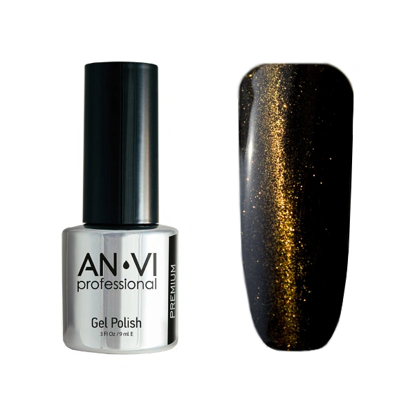 Гель-лак ANVI Cat Eyes Transformer чорний із золотистими блискітками, магнітний 9 мл