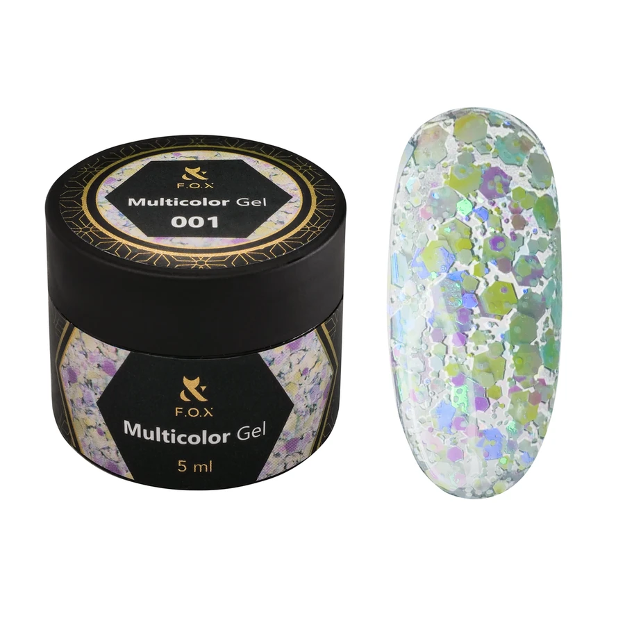 Гель-лак для дизайну FOX Multicolor Gel 001 з кольоровими блискітками, каміфубуки та шестигранниками 5 мл