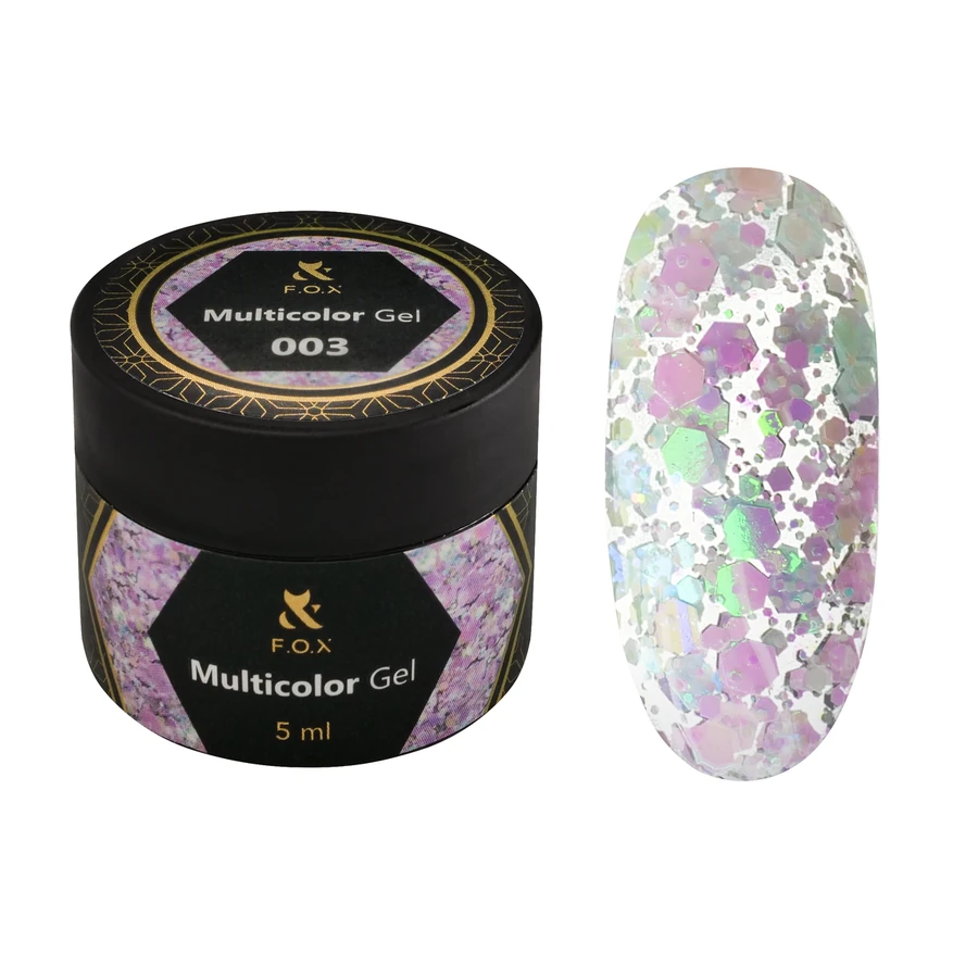 Гель-лак для дизайну FOX Multicolor Gel 003 з кольоровими блискітками, каміфубуки та шестигранниками 5 мл