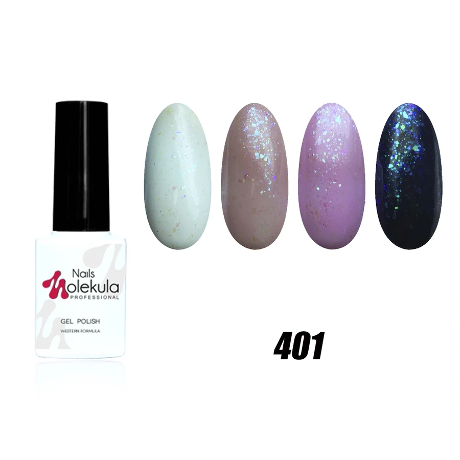 Гель-лак прозорий Molekula Opal Vulcanic №401 хамелеон з бузково-жовтими блискітками 6 мл