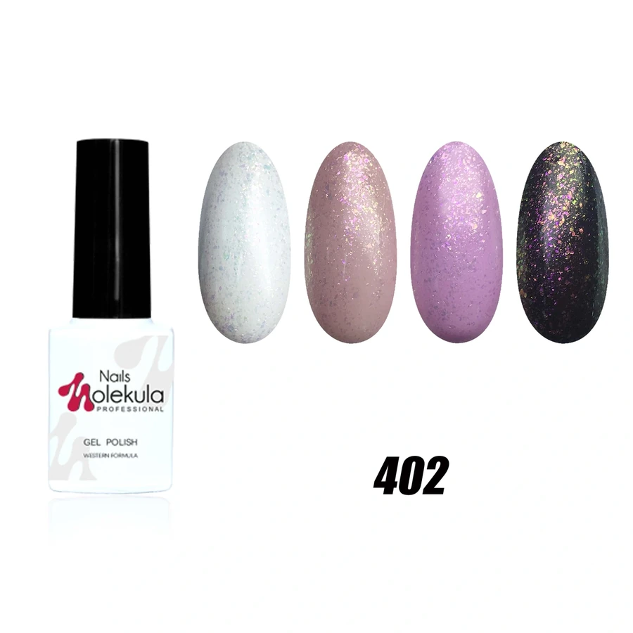 Гель-лак прозорий Molekula Opal Vulcanic №402 хамелеон з бузково-блакитними та зелено-жовтими блискітками 6 мл