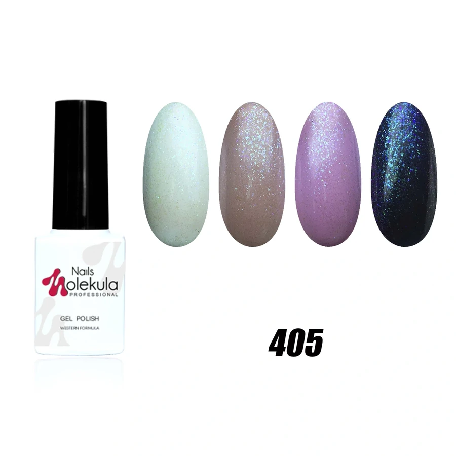 Гель-лак прозорий Molekula Opal Vulcanic №405 хамелеон з бузково-жовтими та фіолетово-блакитними блискітками 6 мл