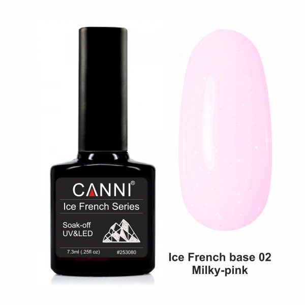 Камуфлююча база Canni Ice French Base 02 Milky-Pink молочно-рожевий напівпрозорий з голографічним блиском 7,3 мл