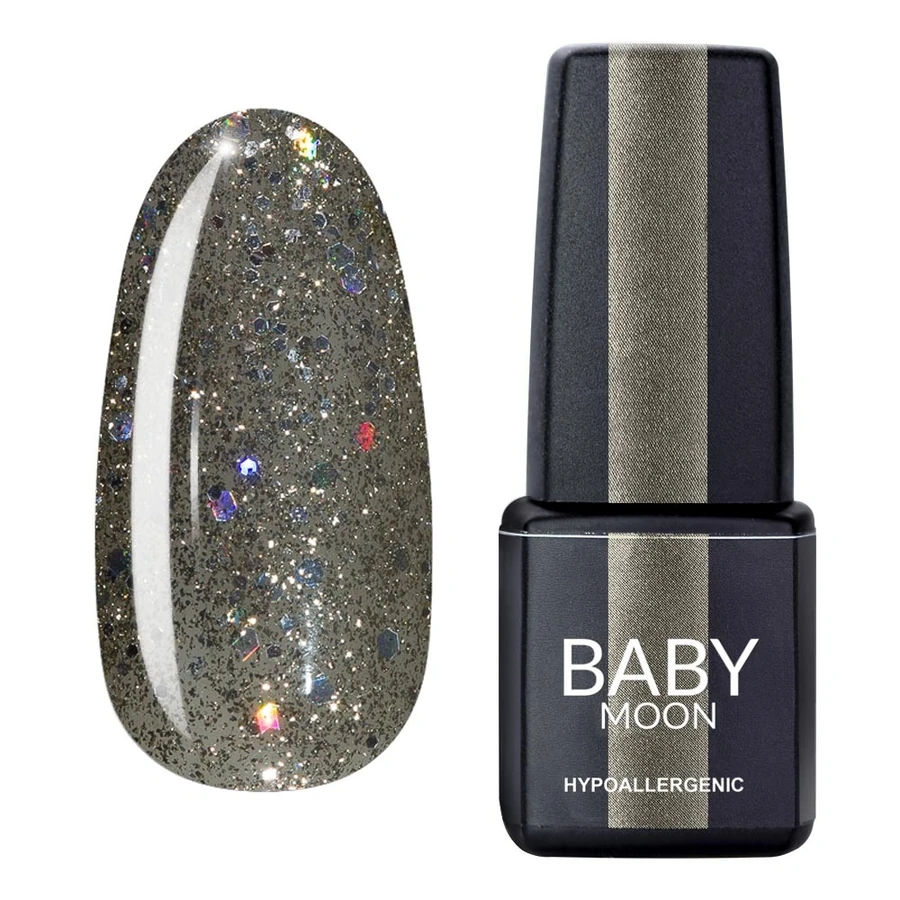 Гель-лак BABY MOON Diamond Gel Polish №021 сріблясто-оливковий з різнокольоровим глітером 6 мл