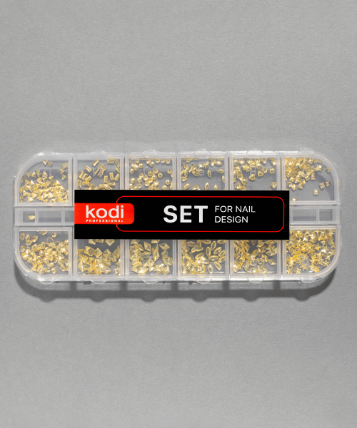 Набір декору в контейнері Kodi Set for Nail Design MIX №5 трикутники, ромби, краплі, овали, зірочки, серця, квадратні заклепки, прямокутники