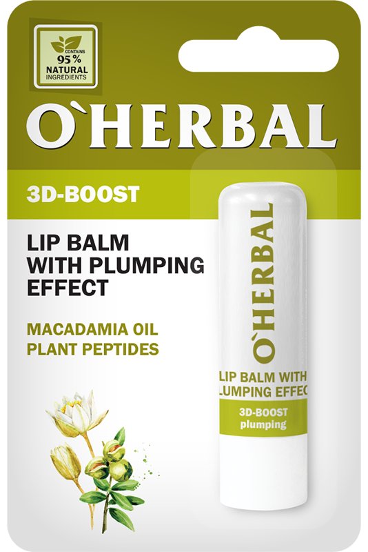 Бальзам для губ з ефектом об`єму 3D-boost OHerbal 3D-boost Lip Balm with Plumping Effect масло макадамії, рослинні пептиди 4,8 г