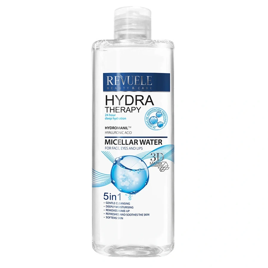 Міцелярна вода для обличчя, повік та губ 5 в 1 Revuele Hydra Therapy Micellar Water for Face, Eyes and Lips 400 мл