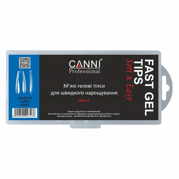 Гелеві м`які типси для швидкого нарощування Canni Fast Gel Tips Medium Coffin Clear балерина вузький край прозорі 240 шт