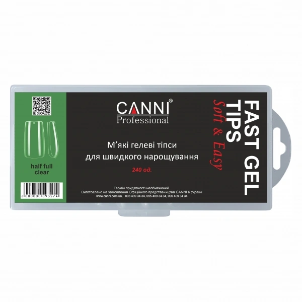 М`які типи гелів для швидкого нарощування Canni Fast Gel Tips Half Full Clear широкий край прозорі 240 шт