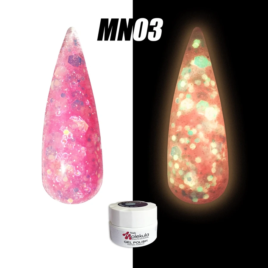Гель-лак Molekula Magic Night MN03 напівпрозорий з рожевими блискітками, флуоресцентний 5 мл
