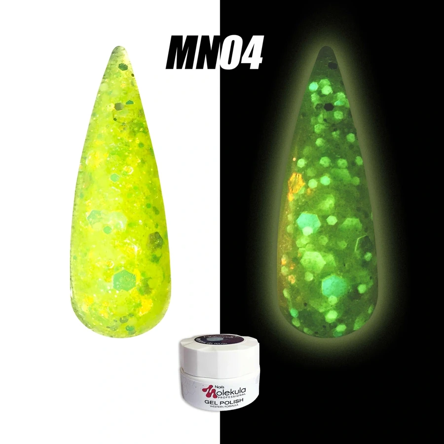 Гель-лак Molekula Magic Night MN04 напівпрозорий із салатовими блискітками, флуоресцентний 5 мл