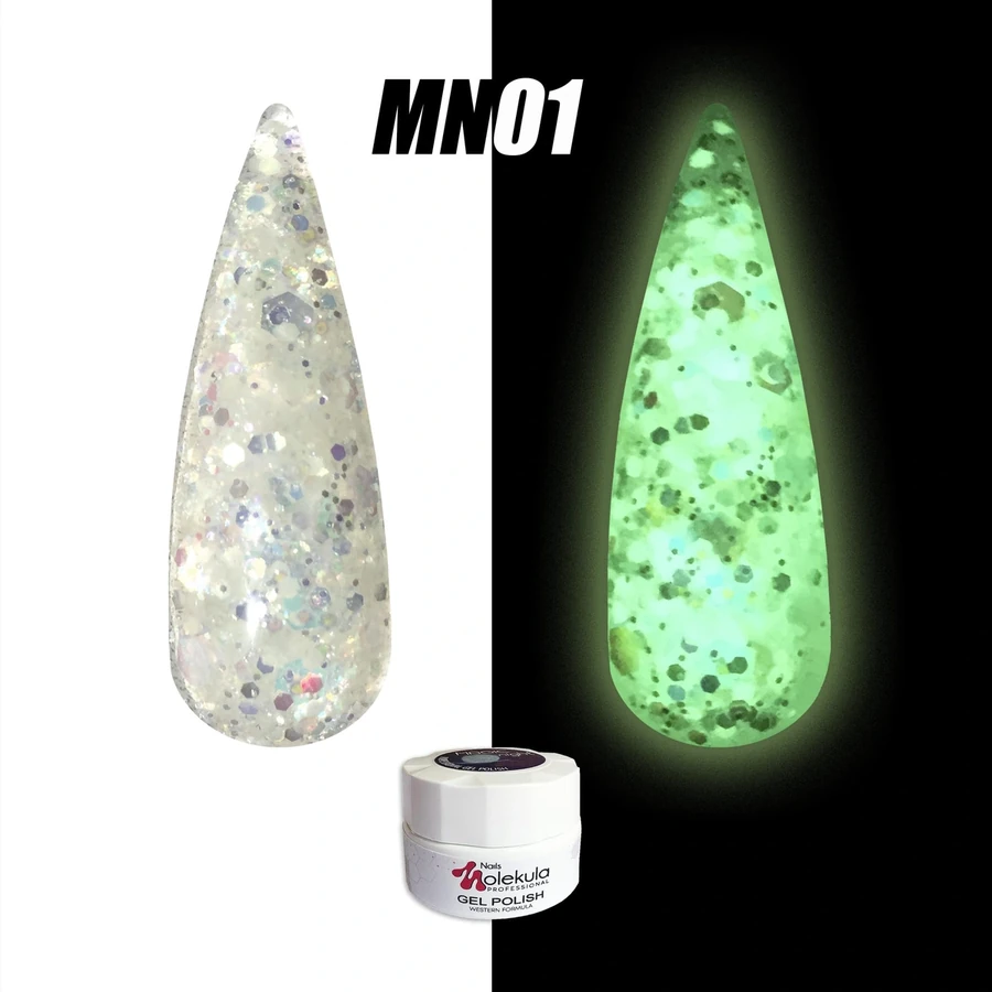 Гель-лак Molekula Magic Night MN01 напівпрозорий з білими блискітками, флуоресцентний 5 мл