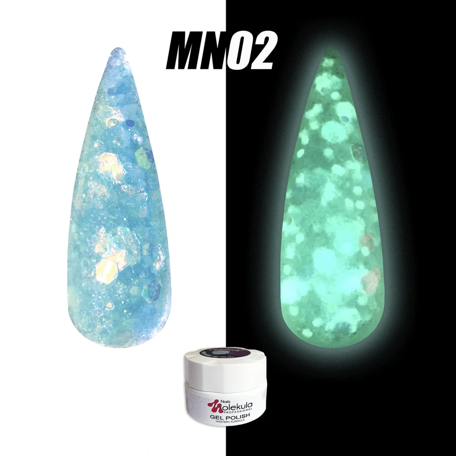 Гель-лак Molekula Magic Night MN02 напівпрозорий з блакитними блискітками, флуоресцентний 5 мл
