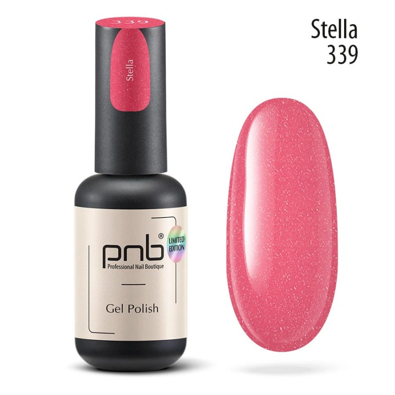 Гель-лак PNB №339 Stella насичений кораловий, з дрібним срібним шиммером 8 мл