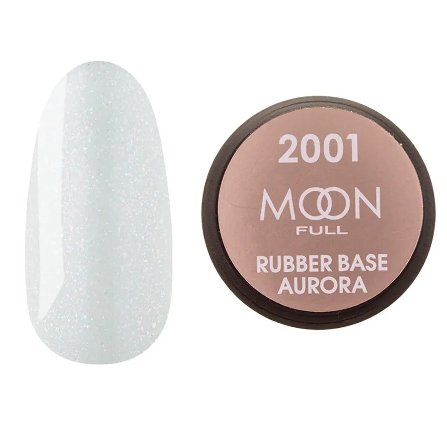 Кольорова каучукова база для гель лаку MOON FULL Rubber Base Aurora №2001 біла з дрібним шиммером 15 мл
