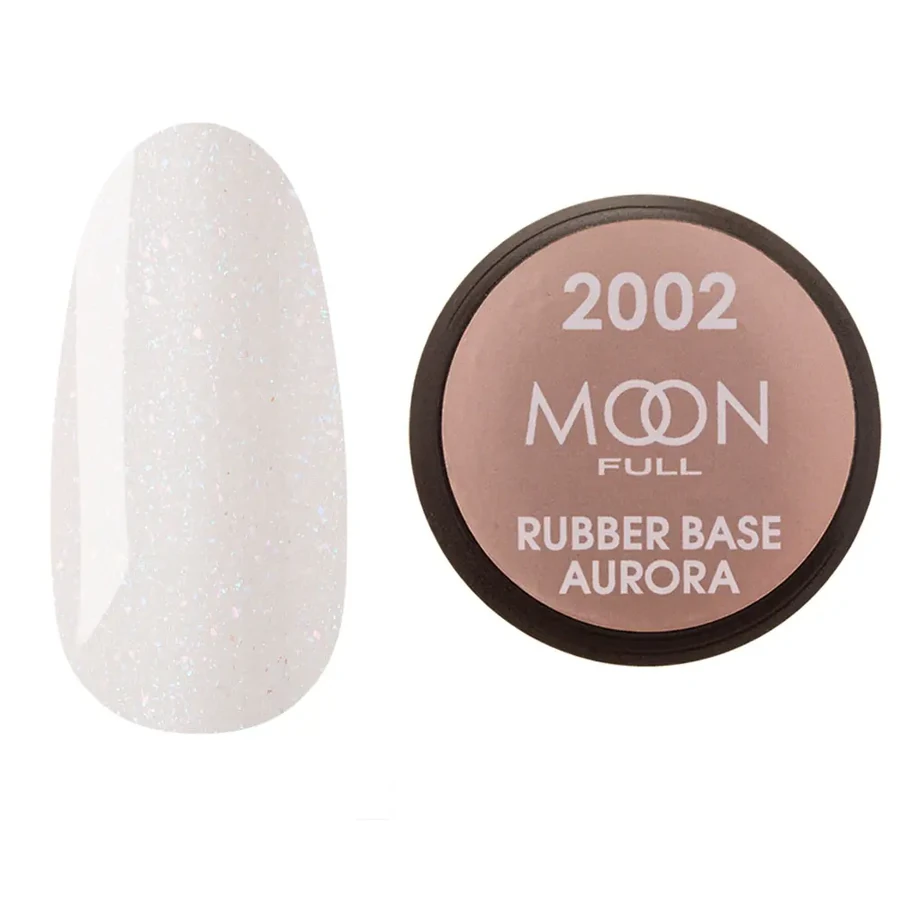 Кольорова каучукова база для гель лаку MOON FULL Rubber Base Aurora №2002 натуральна з дрібним шиммером 15 мл