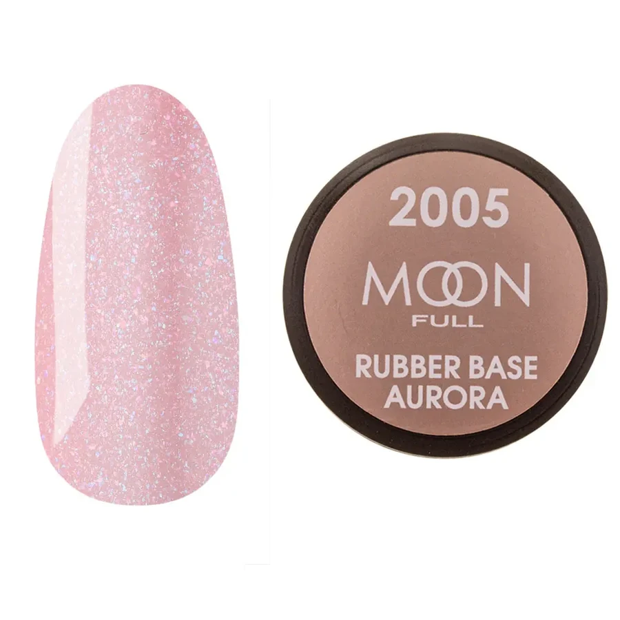 Кольорова каучукова база для гель лаку MOON FULL Rubber Base Aurora №2005 рожева з дрібним шиммером 15 мл