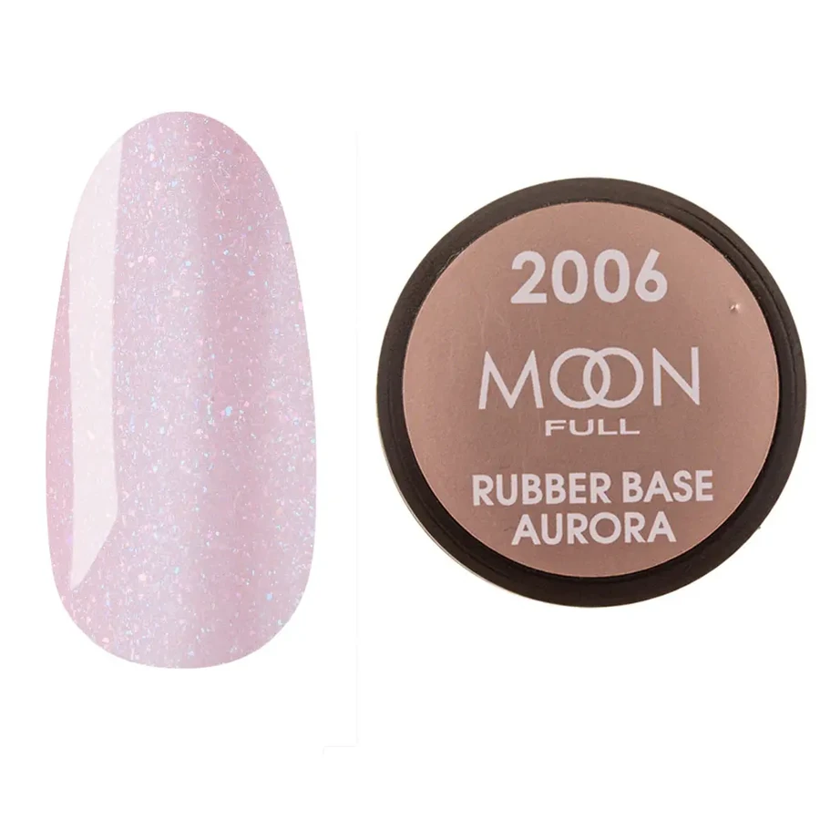 Кольорова каучукова база для гель лаку MOON FULL Rubber Base Aurora №2006 світло-рожева з дрібним шиммером 15 мл