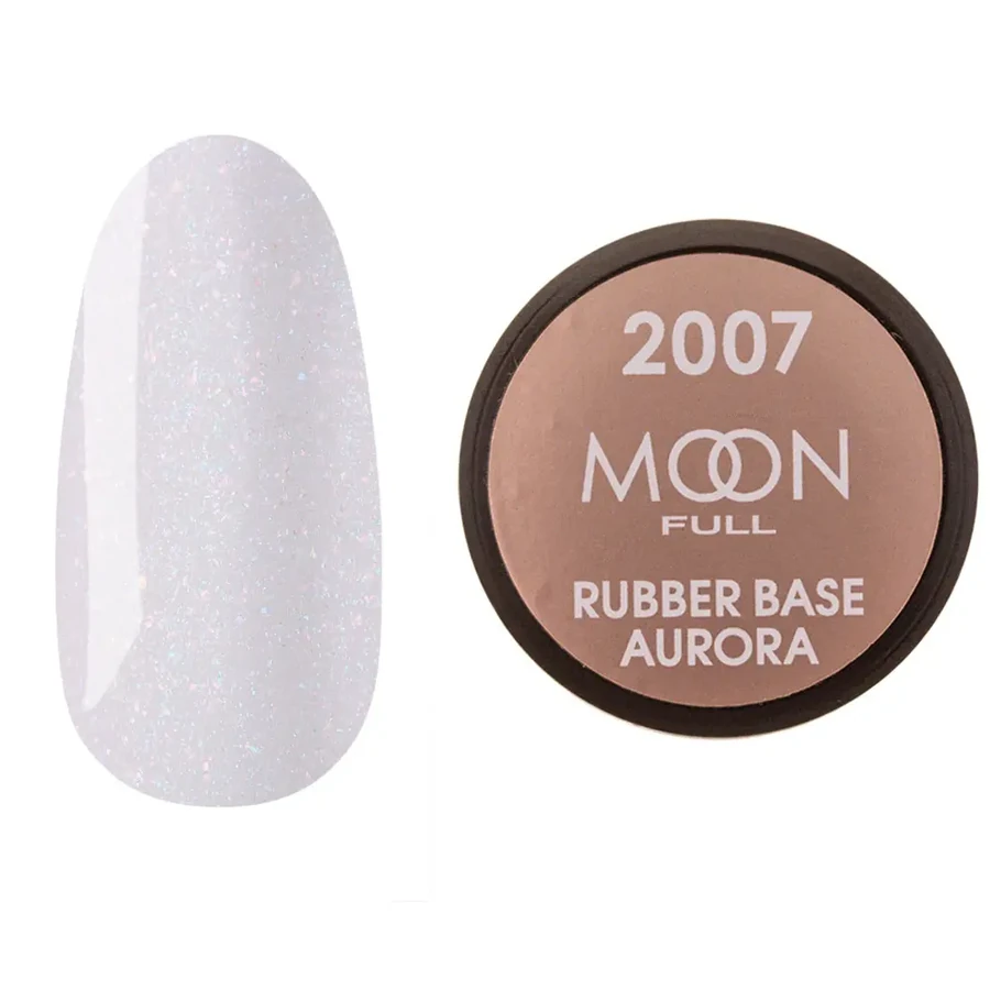 Кольорова каучукова база для гель лаку MOON FULL Rubber Base Aurora №2007 молочно-рожева з дрібним шиммером 15 мл