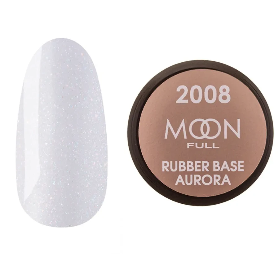 Кольорова каучукова база для гель лаку MOON FULL Rubber Base Aurora №2008 ніжно-бузкова з дрібним шиммером 15 мл