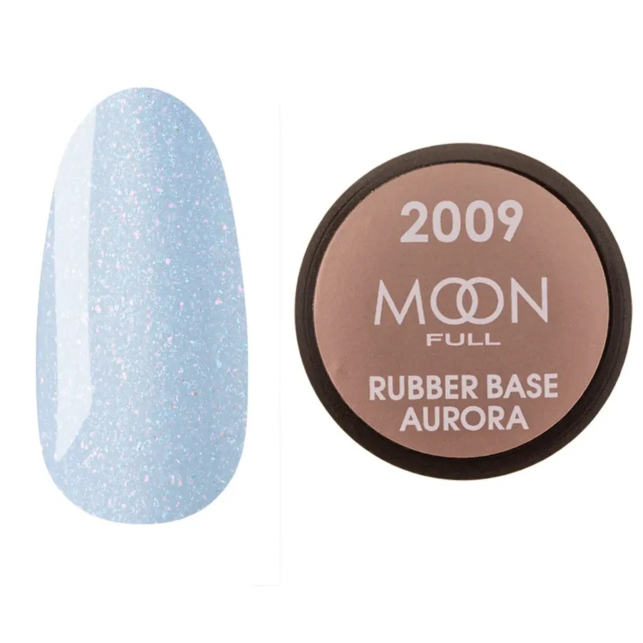 Кольорова каучукова база для гель лаку MOON FULL Rubber Base Aurora №2009 блакитна з дрібним шиммером 15 мл